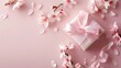 present gift box with tiny pale pink satin ribbon decorated with blooming sakura flowers on pale pink background, birthday, decorative, white, surprise, beautiful, wedding