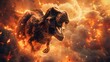 Tyrannosaurus Rex dinosaur escaping from wildfires in a worldwide disaster. Concept Disaster, Wildfire, Dinosaur, Tyrannosaurus Rex, Escape