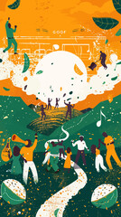 Music Flow Make People Dancing in HIll Illustration, Yellow and Green Style