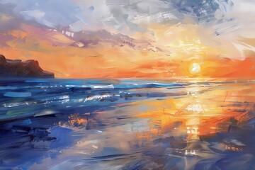 Wall Mural - A romantic sunset over a tranquil beach, painted in abstract oil style, with warm hues and serene atmosphere.
