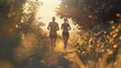 A couple jogging on a forest path, fictional place, trees and me