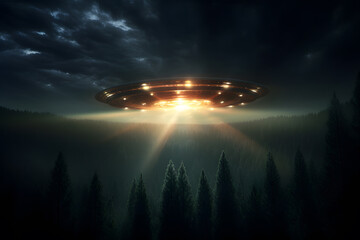 Sticker - Alien spaceship UFO flying  over a forest at night