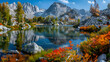 A tranquil lake nestled among rugged mountains, with colorful autumn foliage reflected in the calm waters