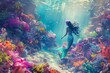 Enchanting mermaid swimming in a vibrant coral reef, underwater fantasy scene, digital illustration