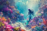 Fototapeta Fototapety do akwarium - Enchanting mermaid swimming in a vibrant coral reef, underwater fantasy scene, digital illustration