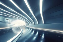 Futuristic 3D Architectural Tunnel Stretches Into Distance On Empty Highway, Abstract Road Concept
