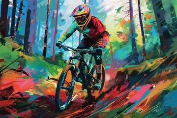 Wall Mural - A mountain biker riding down a forest trail