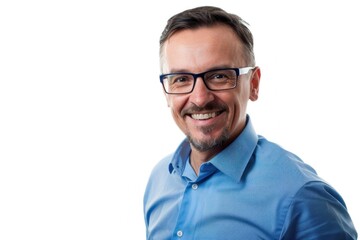 Wall Mural - A happy handsome man in a blue shirt with glasses smiling at the camera isolated on a white background