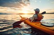 © AAA - Elderly man in an oversized life jacket kayaking on the calm waters of Lake. Realistic golden hour lighting