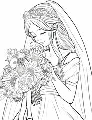Wall Mural - Bride Woman with Bouquet of Flowers Sketch Illustration