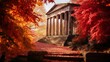 Rich autumnal hues surround a Doric temple enhancing its ancient beauty