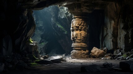 Wall Mural - At a mystical cave entrance a Doric column stands as a beacon for adventurers