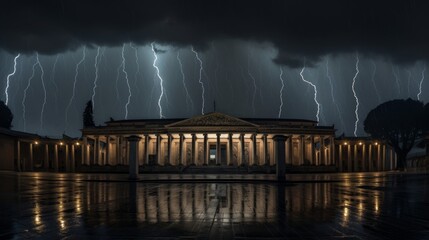 Canvas Print - Rain and lightning besiege a Doric colonnade a spectacle of nature's wrath