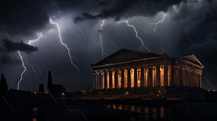 Canvas Print - Storm's grip on Doric colonnade where lightning dances and rain veils