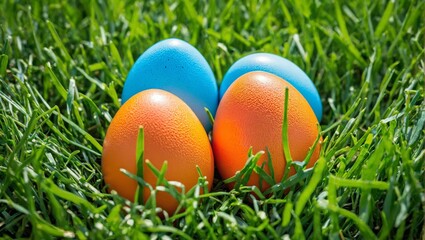 Wall Mural -  Three blue and orange eggs in a green field; one each in the foreground