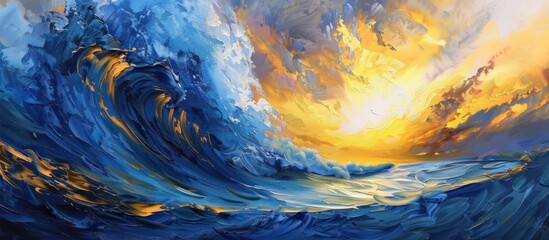Wall Mural - In the painting, dynamic blue and yellow ocean waves descend during sunset, crafting a lively scene