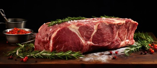 Canvas Print - A raw piece of meat with spices on a cutting board