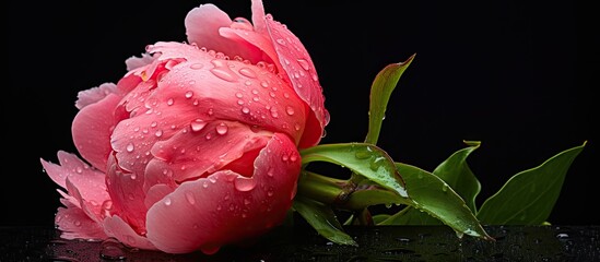 Poster - Pink flower covered in water drops on black surface Peony bud with raindrops