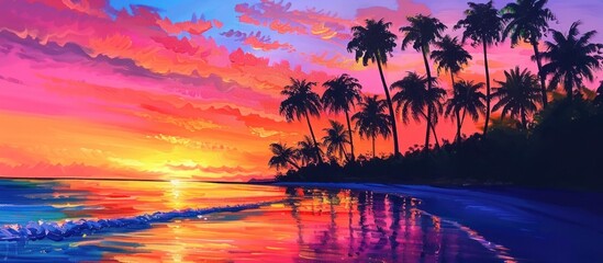 Wall Mural - Depicted in a vibrant painting, a sunset bathes a tropical beach in warm hues, with palm trees silhouetted against the colorful sky, creating a serene and tranquil setting