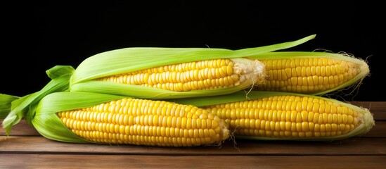 Poster - Three corn cobs on wooden table against black background