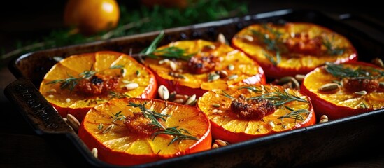 Poster - Many orange slices with rosemary in a pan