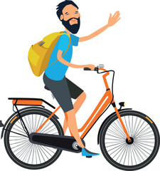 Sticker - Happy guy riding bicycle. Cartoon travel character