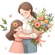 Young child giving mom bouquet of flowers and hugger ger happily, mother's day concept