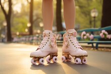 The Legs Of A Girl In Roller Skates With Four Wheels Decorated With Pink Roses, Photographed Close Up In A Park Where The Shops Are Decorated With Flowers.