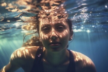 a woman swimming under water with the sun shining on her face