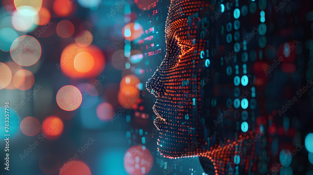Female face with matrix digital numbers artifical intelligence AI theme ...