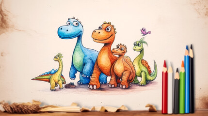 Wall Mural - childrens pencil drawing depicts playful dinosaurs and kids having a blast together