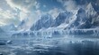 Mountains, snow, winter, clouds, wind, frozen lake, ice, white tones, snow capped peaks, north and south poles, unusual landscape, highland, snowy desert. Generative by AI