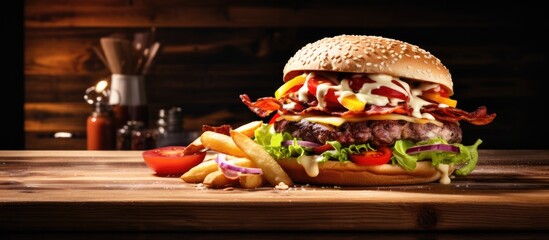 Poster - A tempting burger meal with fries and tomatoes on a wooden surface