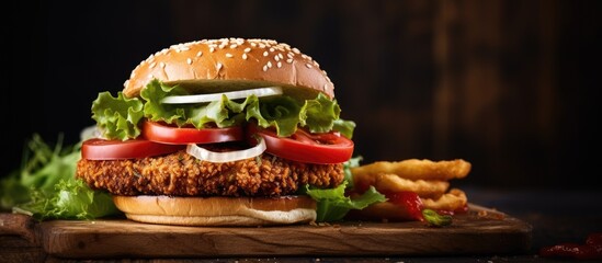 Poster - A chicken sandwich with lettuce and tomato on a cutting board