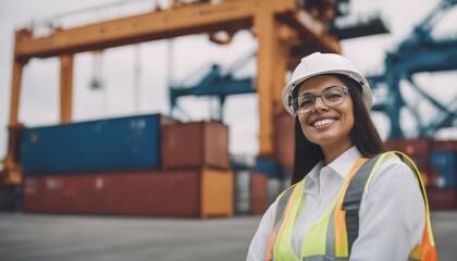 Wall Mural - smiling portrait of a beautiful latin female industrial engineer in white hard hat, inspector or saf