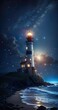 lighthouse on the coast at night with a stary sky