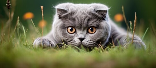 Aufkleber - A cat lying in grass on a grey background