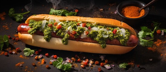 Poster - A delicious hot dog with toppings on a bun beside a spoon