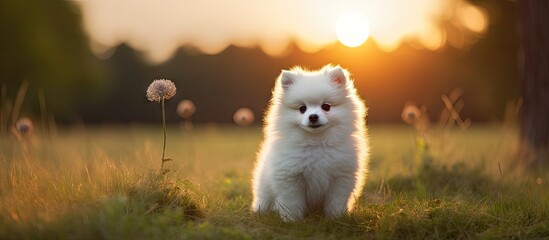 Poster - Fluffy dog in field at sunset