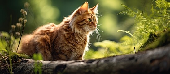Poster - A cat perched on a log amidst green grass