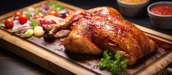 Aufkleber - A chicken and vegetable close-up on cutting board with sweet and sour sauce