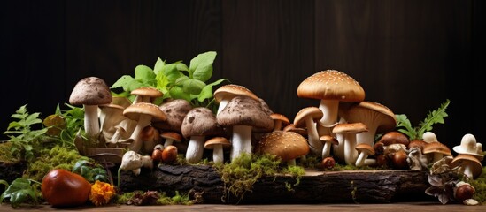Poster - Mushrooms and leaves on moss-covered log