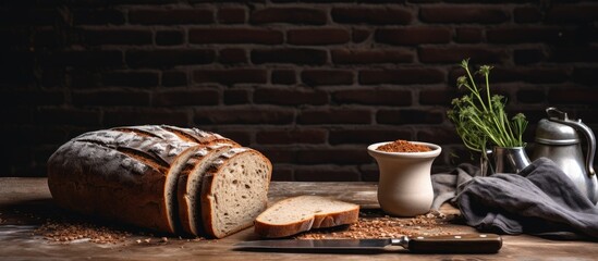 Poster - A loaf of bread with a knife on a tabletop