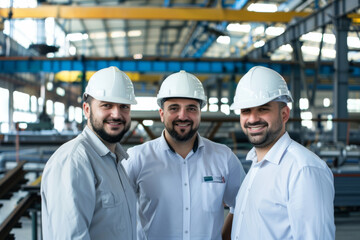 Wall Mural - Workers wearing white helmets smile against the backdrop of the factory floor, radiating positivity amidst the industrial setting.