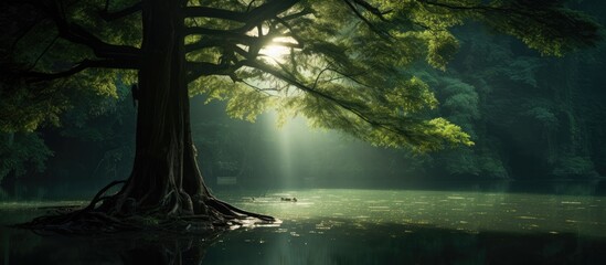 Poster - A tree standing in the middle of a lake with sunlight filtering through it