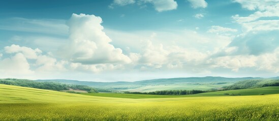 Canvas Print - Beautiful meadow under blue sky near wooded area