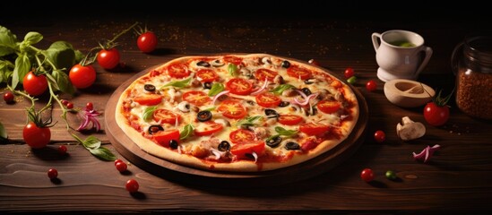Aufkleber - Pizza with Tomatoes, Olives, and Onions on a Wooden Board