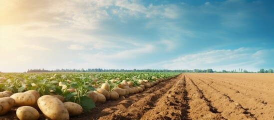 Poster - Potato field under sky, close-up summer landscape