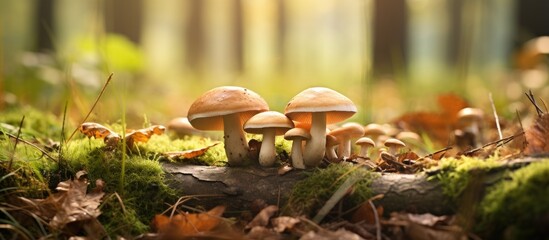 Poster - Fresh mushrooms on tree trunk in woodland with foliage and grass