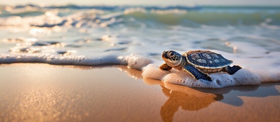 Poster - Two adorable baby turtles near the shoreline